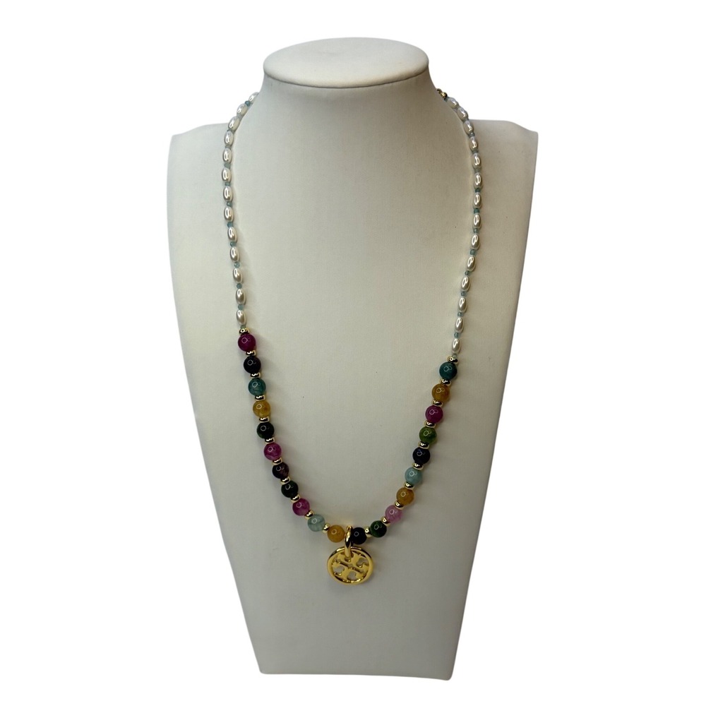 Tory Burch Miller Mixed-Materials Pearl and Multi-Stone Beaded Necklace Gold NWT